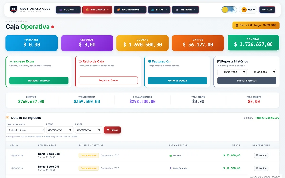 Caja operativa de Gestionalo Club (datos de demostración)