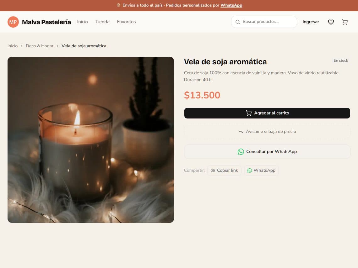 Ficha de una vela de soja en la tienda demo
