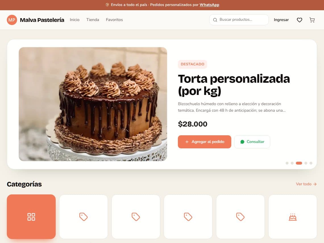 Catálogo de la tienda demo, con un producto destacado y las categorías