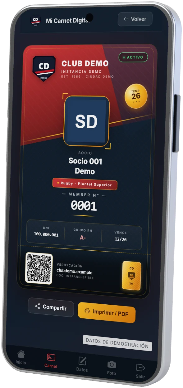 Carnet digital con QR en un teléfono (datos de demostración)