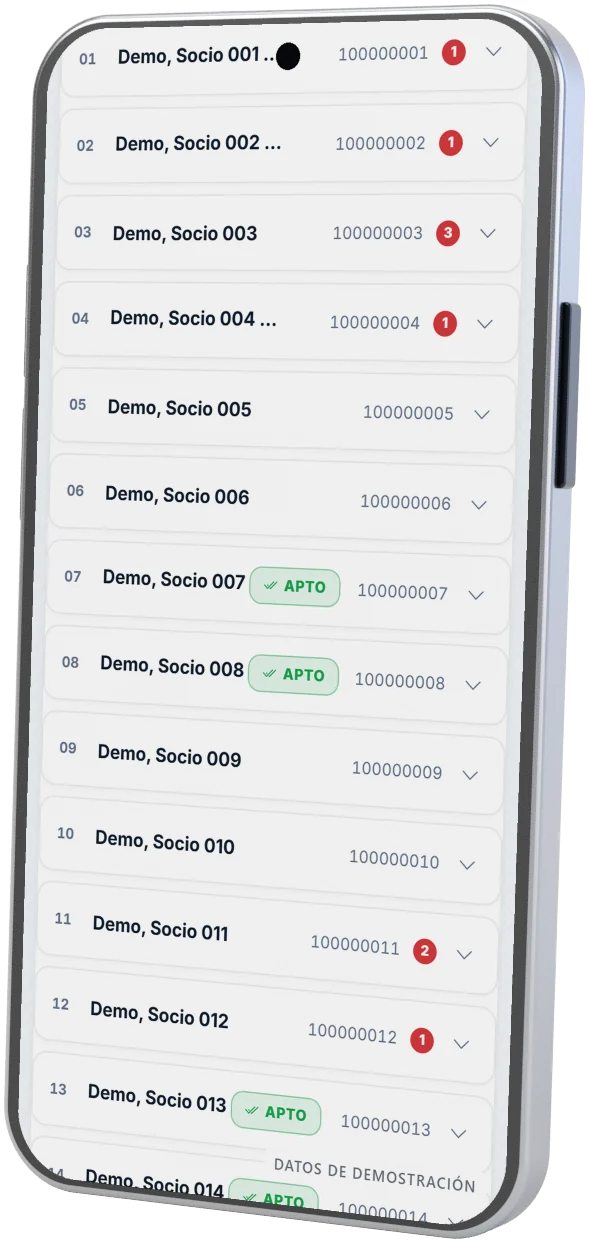 Padrón de socios en un teléfono (datos de demostración)